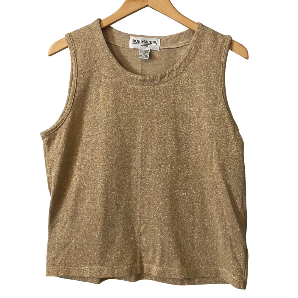 VTG Bob Mackie Studio Womens Gold Metallic Tank Top Shell XL Sleeveless Party
